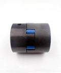 Waterjet pump shaft coupling, side view, black cylindrical housing with blue inserts