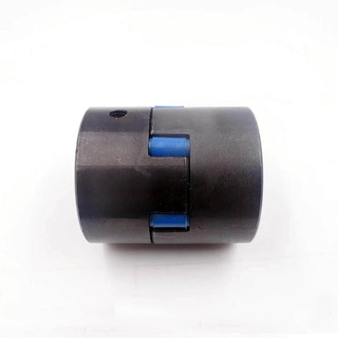 Waterjet pump shaft coupling, side view, black cylindrical housing with blue inserts