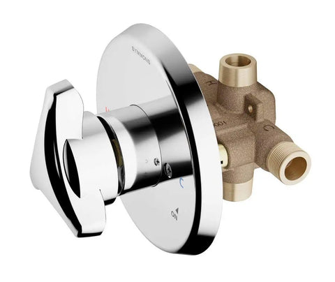 Temptrol Brass Pressure Balancing Tub And Shower Valve With Built In Service Stops For Smooth Water Control One Half Inch NPT Universal Connections Direct Sweat Inlets Outlets Brass Body image showing chrome handle and brass valve