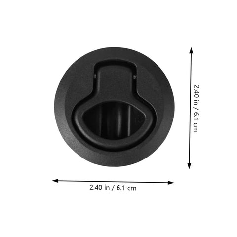 Round black flush pull slam latch with ergonomic handle for boats and RV cabinets, 2.4 in diameter