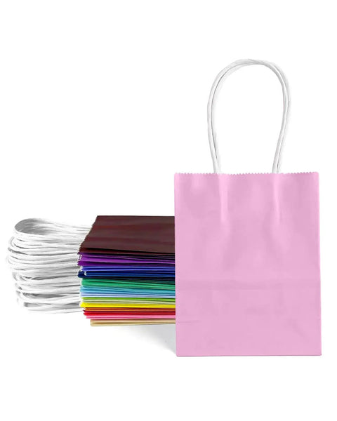 Mini Gift Bags With Handles Dope Bulk Set Of 24 In 24 Colors 4.5 By 2.5 By 6 Inches For Party Favors And Small Gifts Made From Recycled Kraft Paper Eco Friendly Durable For Craft Projects Great Value, pink bag with multiple colors behind.