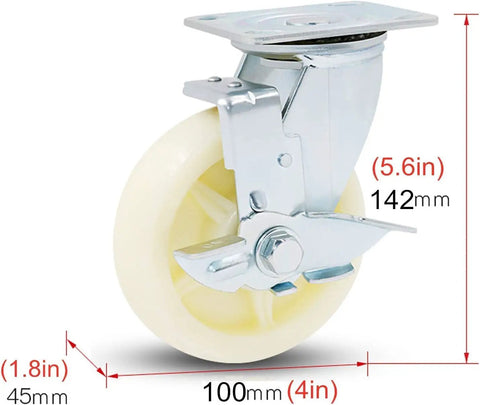 Heavy Duty Swivel Casters With Locking Brake 4 Inch White Caster Set featuring a 4 inch roller and robust steel plate.