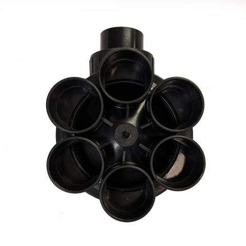 Top view of a black FIMCO 1 1/2 inch hydro indexing irrigation valve with six outlet ports around a central hub
