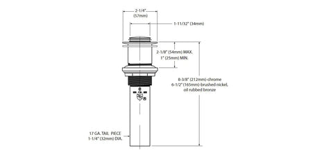 Technical drawing of Brushed Nickel Vessel Sink Pop Up Drain Assembly With Spring Loaded Push Button No Overflow Easy Install