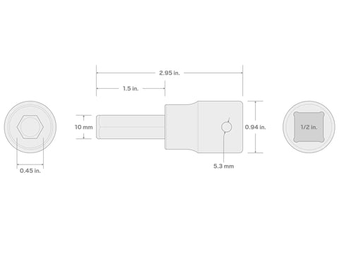 Technical diagram of Half Inch Drive X 10 mm Hex Impact Bit Socket with measurements and six sided hex tip.