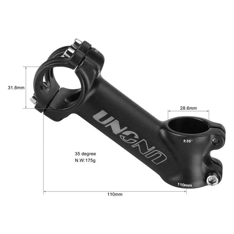 Beefy Lightweight 31.8mm Handlebar Stem 110mm With 35 Degree Rise For Mountain Bikes Road Bikes And BMX Builds side view with measurements.