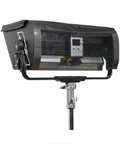 Nova P600c Rain Shield For LED Panels, Tough As Nails nylon weather guard, black, mounted on stand, protects from elements
