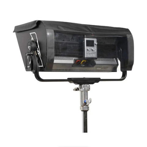 Nova P600c Rain Shield For LED Panels, Tough As Nails nylon weather guard, black, mounted on stand, protects from elements