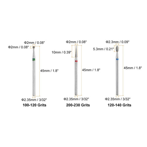 Three Piece Diamond Grinding Bit Set With 2mm Ball, 2mm Tapered, And 2.3mm Oval Heads, 2.35mm Shank, Grits 100 120 200 230 120 140