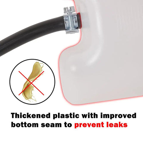 Close-up of the Motorcycle Auxiliary Fuel Tank 500ml With Vent showing thickened plastic and hose clamp to prevent leaks.