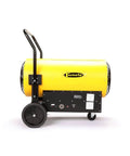Portable Electric Salamander Heater 45kW 480V 3Phase With Thermostat and Forced Air Indoor Safe Heat for Jobsite Garage and Construction No Fuel Handling Easy Setup Heavy Duty Torpedo Style Heats Fast, side view with wheels.