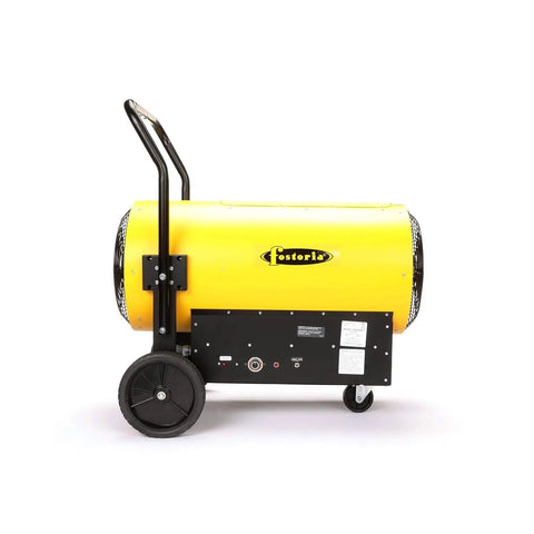 Portable Electric Salamander Heater 45kW 480V 3Phase With Thermostat and Forced Air Indoor Safe Heat for Jobsite Garage and Construction No Fuel Handling Easy Setup Heavy Duty Torpedo Style Heats Fast, side view with wheels.