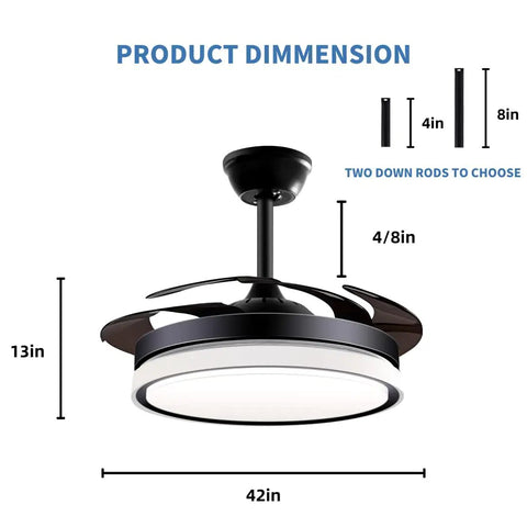 Retractable Ceiling Fan With Lights Remote Control, Fandelier Flush Mount 42 Inch Bladeless Ceiling Fan dimensions with rods