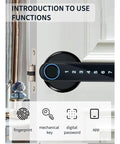 Slick Smart Door Lock Handle Featuring Quick Match Fingerprint And Private Code Remote Unlock Keyless Entry For House Doors, showing functions like fingerprint and digital password.