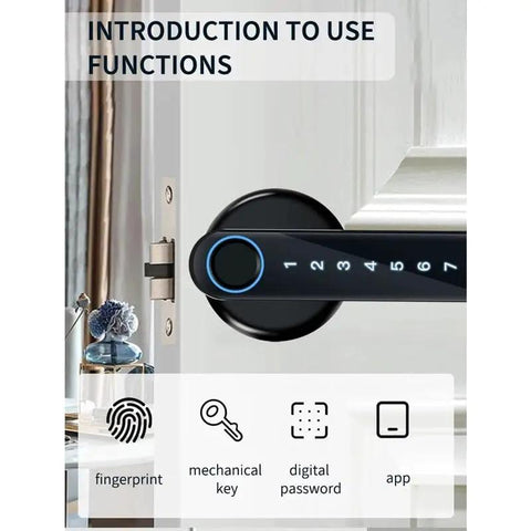 Kick Out Your Keys This Slick Smart Door Lock Handle Boasts Fingerprint And Password Unlock For Hassle Free Keyless Entry with functions display.