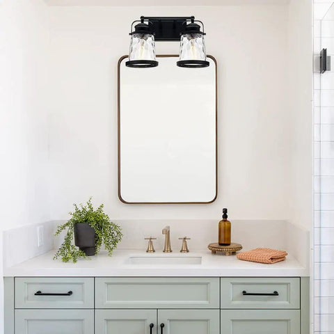 Matte Black Two Light Vanity Lights For Bathroom Farmhouse Rustic Over Mirror Sconces With Hammered Glass Shades in bathroom setting