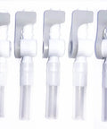 Front view: Five Lifevv catheter valves for urine drainage with white lever taps and clear tubing.