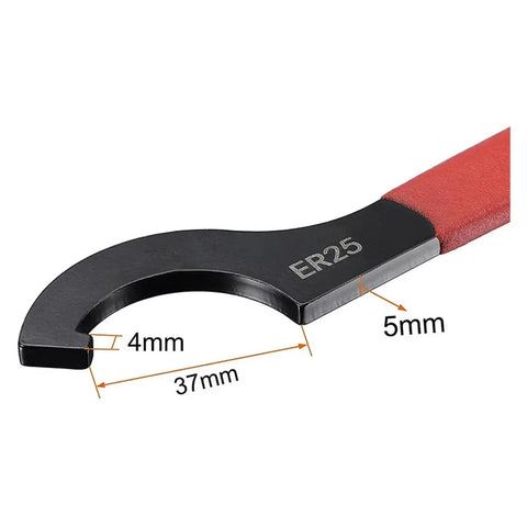 Heavy Duty High Carbon Steel Er25 Er32 Er40 Hook Wrench Spanner With Anti Slip Grip For Precise Tightening Lathe Milling Chuck Collet Clamping showing dimensions and handle design.