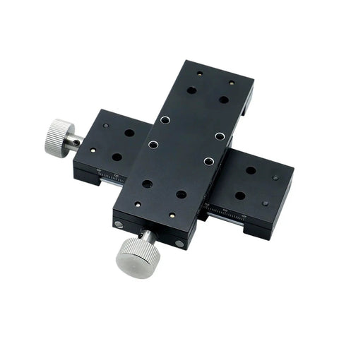 40mm and 60mm XY Axis Manual Motion Stage with Cross Sliding Table and Stainless Steel Triangular Screw for CNC Precision Bidirectional Positioning and Rock Solid Linear Motion Component, showing black metal construction and knobs