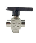 Heavy Duty Three Way Ball Valve With Female Thread Fittings For Smooth Flow Control Knockout Space Saving Design Plus Easy Setup For Plumbing Jobs Featuring G3/8 G1/2 G3/4 Standard Connections And A Real Deal Build That Lasts, stainless steel, compact 1/4 inch size.