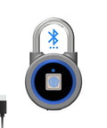 Fingerprint Bluetooth Padlock With No Key Needed Biometric Unlock Waterproof USB Rechargeable Portable Lock shown with cable