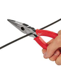 8-Inch Long Nose Pliers With Reaming Head And Onboard Fish Tape Pulling, red handles gripping tape, close-up view