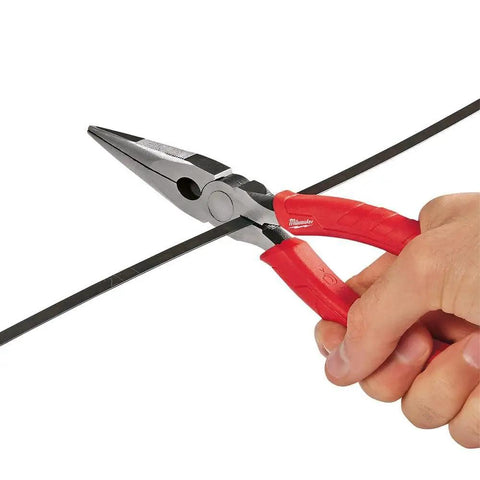 8-Inch Long Nose Pliers With Reaming Head And Onboard Fish Tape Pulling, red handles gripping tape, close-up view