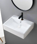Rectangular Wall Mount Vessel Sink for Bathroom 21x16 White Porcelain Ceramic Above Counter Vanity Lavatory Basin With Single Faucet Hole