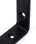 Close-up of Hella Sturdy Thickened Black Steel L Shaped Corner Brace, showcasing the 90-degree angle and mounting holes.