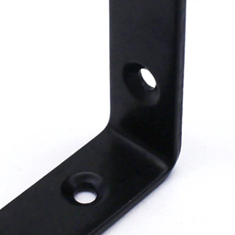 Close-up of Hella Sturdy Thickened Black Steel L Shaped Corner Brace, showcasing the 90-degree angle and mounting holes.