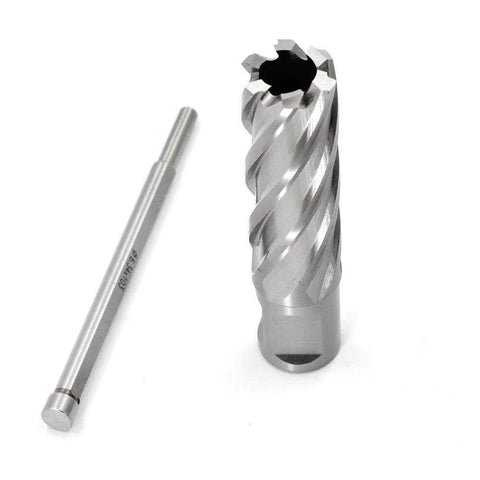 Annular cutter and Weldon shank bit with pilot pin, silver metal, two-piece set for magnetic drill press