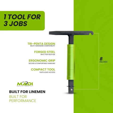 Side view of Beefy Tri Penta Wrench With Durable Alloy Steel Build For Quick Tightening And Loosening in green, 8-inch ergonomic design.