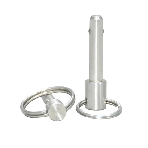 Rugged 10mm Stainless Steel Quick Release Pin With Push Pull Mechanism For Tool Free Locking, High Load Capacity And Corrosion Resistant Design, showing two metal pins.