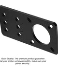 NEMA 17 stepper motor mounting plate, black anodized aluminum with large center bore and multiple mounting holes.