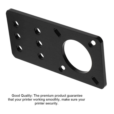 NEMA 17 stepper motor mounting plate, black anodized aluminum with large center bore and multiple mounting holes.