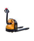 Heavy Duty 24V Electric Power Pallet Truck Jack Featuring Dual Hand Control And Emergency Stop Brake Packing Four Thousand Pound Lift Capacity For Garage Crews, side view with safety features.