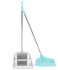 Heavy Duty Broom And Dustpan Set With Stand Up Broom Stainless Steel Anti Wind Dustpan For Home And Office Cleaning Easy Breezy Storage Lightweight And Durable For Quick Cleanups, stainless steel broom and dustpan set on white background