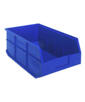 Blue Stackable Shelf Bins Part Organizer Six Pack, Heavy-Duty Polypropylene Storage Bins With Raised Front Opening, 18x11x7, front view