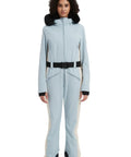 Front view of Women Slim Fit One Piece Ski Suit Insulated Snow Jumpsuit Waterproof Windproof Warm Light Blue Size S with fur hood