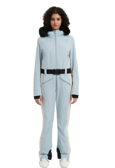 Front view of Women Slim Fit One Piece Ski Suit Insulated Snow Jumpsuit Waterproof Windproof Warm Light Blue Size S with fur hood