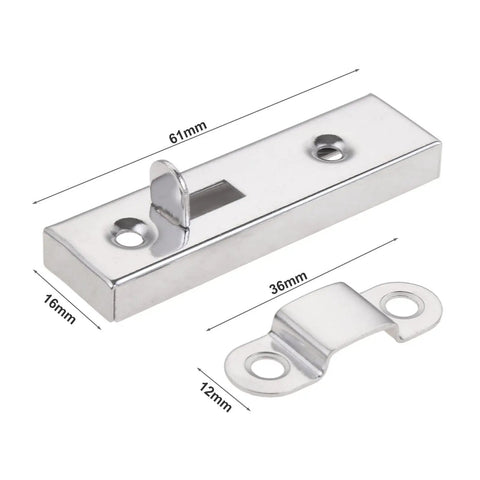 Solid Snap Bolt Screw Lock for Sliding Door Window Gate Hasp Latch Metal in silver color with specific dimensions shown.