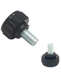 Heavy Duty Black Knurled Thumbscrews M6 Carbon Steel Grip Knobs. Close-up of two sizes, showcasing knurled design for easy grip.
