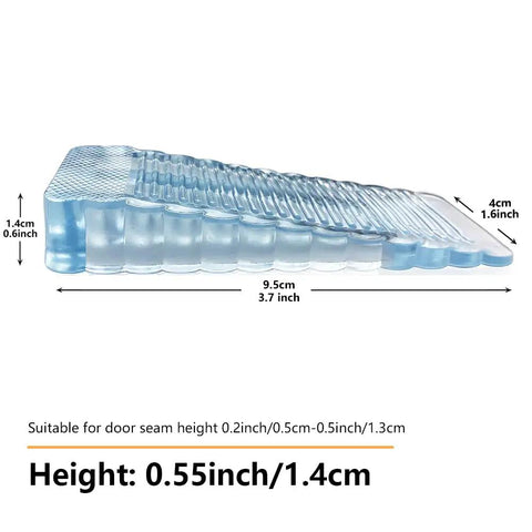 Side view of Four Pack Clear Rubber Door Stops Wedges For Floors And Patios Heavy Duty Anti Slip Door Stoppers Transparent And Stackable With Hollow Bottom For Strong Grip, showing dimensions.