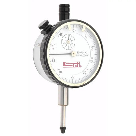 Dial Drop Indicator Half Inch Range With 0 To 50 Reading And Two Point Two Five Inch Dial Stainless Steel Stem Tungsten Carbide Ball Anvil Hardened Ground Point Lug And Flat Mount AGD Group Two Continuous Dial NPL Traceability Adjustable Bezel
