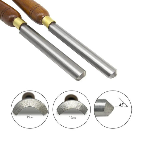 Top Shelf Wood Turning Roughing Gouge Kit Dead Nuts Sharp Carbide Tipped Lathe Chisel Heavy Duty, featuring two blades with 19mm and 16mm profiles.