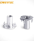 Heavy Duty Zinc Plated Tee Nuts 1/4 20 Thread 50 Pack For Woodworking, showing two steel fasteners with prongs.