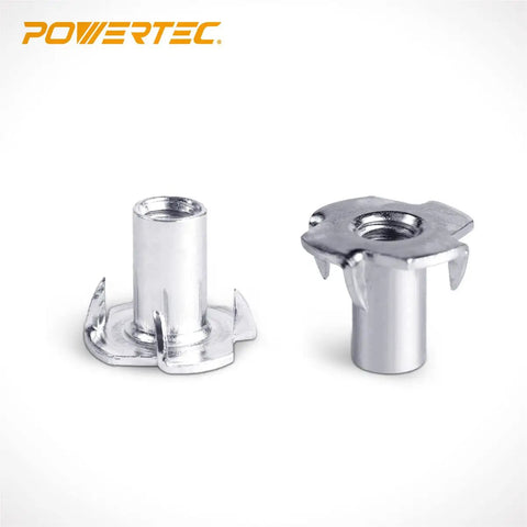 Heavy Duty Zinc Plated Tee Nuts 1/4 20 Thread 50 Pack For Woodworking, showing two steel fasteners with prongs.