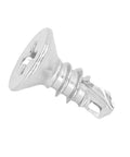 Close-up of a single 13mm self-drilling screw with countersunk cross head for wood and metal, stainless steel finish.