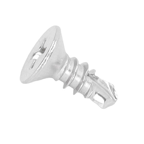 Close-up of a single 13mm self-drilling screw with countersunk cross head for wood and metal, stainless steel finish.