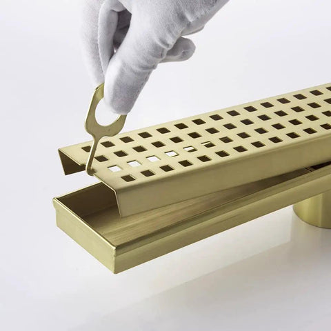 16 Inch Linear Shower Drain With Removable Cover Grid, Brushed Gold Stainless Steel SUS304, Rectangular Floor Drain